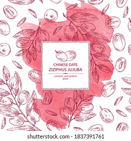 Watercolor background with ziziphus Juyuba: ziziphus Juyuba fruits and unabi leaves. Chinese date. Cosmetic and medical plant. Vector hand drawn illustration
