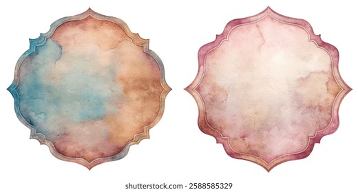 Watercolor backgrounds, soft pastel colors, decorative frames, artistic style, versatile design elements, perfect for invitations.