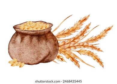 Watercolor bag of flour with wheat grain and ears vector cut out from background