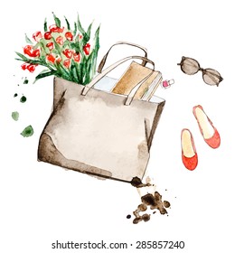 Watercolor bag with sketchbook, flower and glasses