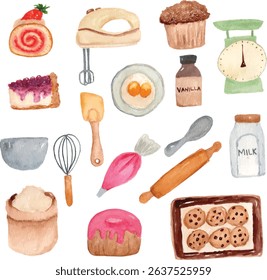 watercolor bakery delight, cakses, tools and sweets