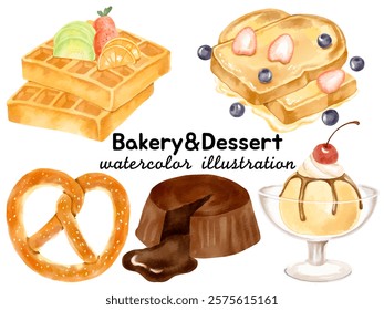 Watercolor Bakery Dessert Illustration: Featuring Waffles, Strawberry and Blueberry Pancakes, Pretzel, Chocolate Lava Cake, and Ice Cream Sundae for Food-Themed Art and Culinary Designs