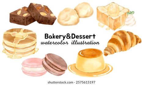 Watercolor Bakery Dessert Illustration: Featuring Brownies, Cream Puffs, Honey Toast, Pancakes, Macarons, Pudding, and Croissant for Culinary-Themed Projects and Sweet Art Designs