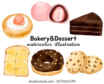 Watercolor Bakery Dessert Illustration: Featuring Strawberry Tart, Strawberry Daifuku, Chocolate Cake, Honey Toast, Chocolate Donut, and Cookies for Food-Themed Designs and Sweet Culinary Art