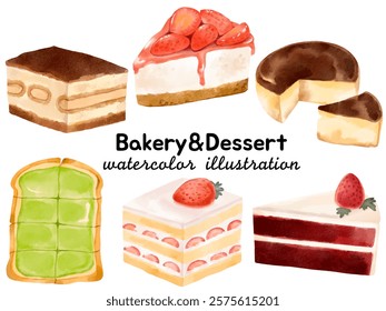 Watercolor Bakery Dessert Illustration Featuring Tiramisu, Strawberry Cheesecake, Basque Burnt Cheesecake, Pandan Toast, Strawberry Shortcake, and Red Velvet Cake for Culinary Themed Art