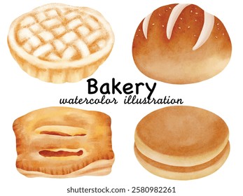 Watercolor Bakery Illustration Set: A beautiful hand-painted collection featuring a lattice pie, rustic bread loaf, puff pastry, and classic sandwich bun, perfect for bakery-themed designs