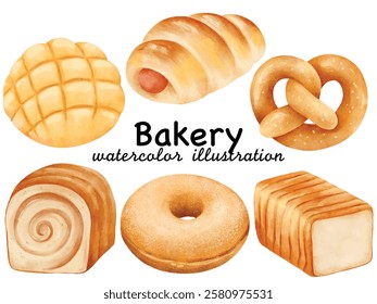 Watercolor Bakery Illustration Set: A delicious collection of hand-painted baked goods including a melon pan, sausage roll, pretzel, cinnamon roll, donut, and toast in soft watercolor style