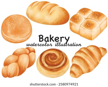 Watercolor Bakery Illustration Set: A delightful collection of hand-painted baked goods including a burger bun, baguette, dinner rolls, braided bread, cinnamon roll, and croissant in soft watercolor