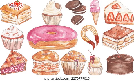 Watercolor bakery products. Set of different coffee shop baked goods. Cake, muffin, pie, ice cream, cookies, bagel, doughnut, cheesecake. Card, invitation, poster, template. Illustration vector.