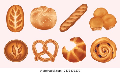 Watercolor Bakery vector bread product set, vector illustration