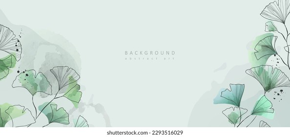 Watercolor bakground with ginkgo biloba plant. Floral foliage for wedding invitation, wall art or card template. Vector illustration. Luxury rustic