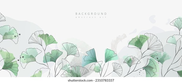 Watercolor bakground with ginkgo biloba plant. Floral foliage for wedding invitation, wall art or card template. Vector illustration. Luxury rustic