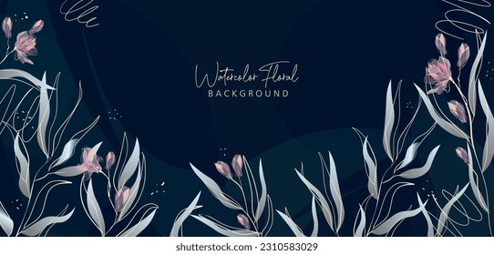 Watercolor bakground with leaves. Floral foliage for wedding invitation, wall art or card template. Vector illustration. Luxury rustic trendy