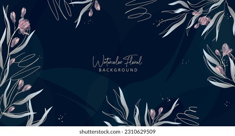 Watercolor bakground with leaves. Floral foliage for wedding invitation, wall art or card template. Vector illustration. Luxury rustic trendy