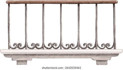 Varanda aquarela com vetor de cerca de ferro ornamentado