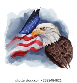 Watercolor Bald Eagle with American Flag on White BAckground. Vector