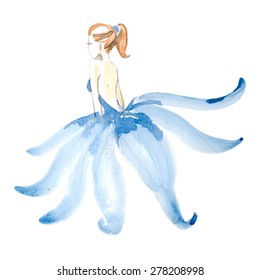 Watercolor ballerina in blue fashion dress