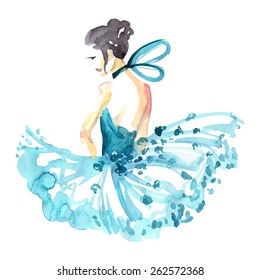 Watercolor ballerina in blue tutu ,vector