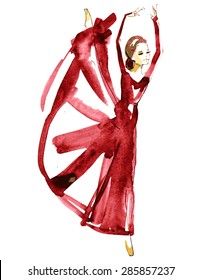 Watercolor ballerina in red  dress, vector