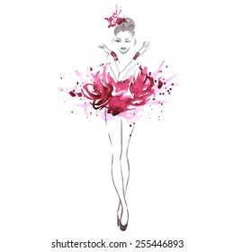 Watercolor ballerina in red, vector