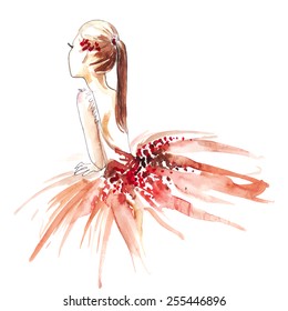 Watercolor ballerina in red, vector