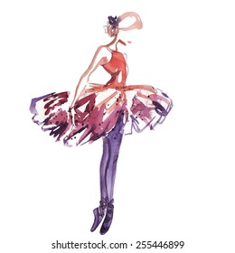 Watercolor Ballerina In Red, Vector