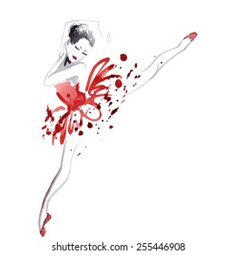 Watercolor ballerina in red, vector