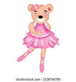 Watercolor ballerina teddy bear isolated on white background