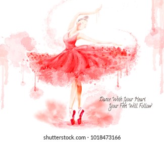 Watercolor ballet dancer, attractive dancer in watercolor paint stroke isolated on white background