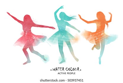 Watercolor ballet dancer silhouette, graceful ballet dancer motions in colorful tone.