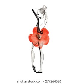 Watercolor ballet dancer silhouette, vector