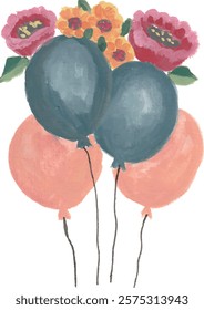 watercolor balloon and flower hand drawn illustration