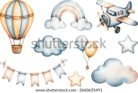 Watercolor balloons, plane, rainbow and clouds. Watercolor set with hot air balloon and clouds baby shower set.