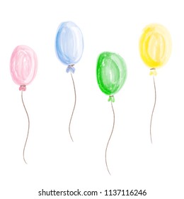 Watercolor balloons set on white background. Beautiful and colorful balloons for decoration for holidays.