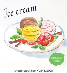 Watercolor balls of ice cream with strawberries and mint, vector, hand drawn