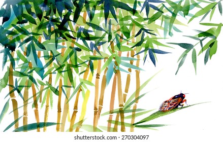 Watercolor bamboo with bug illustration vector