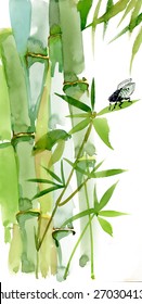 Watercolor Bamboo With Fly Illustration Vector