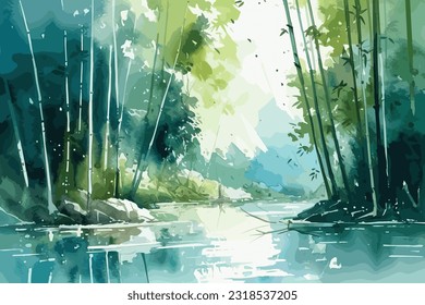 Bosque acuarela de Bambú. ilustración de arte vectorial.