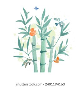 watercolor bamboo plants with butterflies and dragonflies