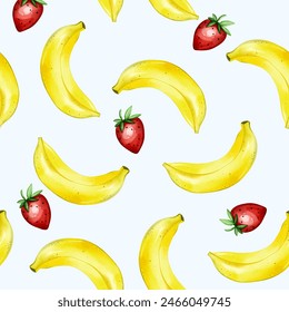 Watercolor banana background. Seamless pattern with banana and strawberry. Colorful wallpaper vector. 