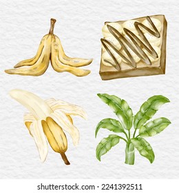 watercolor banana and dessert element collection set