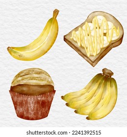 watercolor banana and dessert element collection set