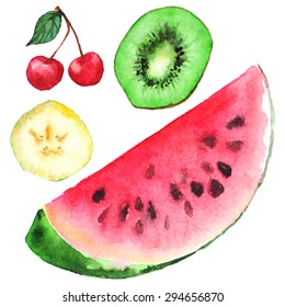 Watercolor banana kiwi cherry watermelon berry fruit set vector isolated