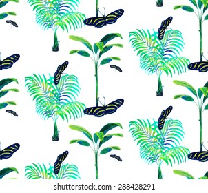 Watercolor Banana Palm Tree, Kentia Palm & Butterfly seamless exotic pattern on white background. Watercolor texture. Cloth & rug design. Yellow, Green, Black & White vector backdrop. 