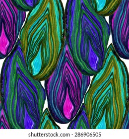 Watercolor Banded Agate Cabochon seamless pattern on white background. Close up. Watercolor Boho Style texture. Cloth design. Green, Magenta, Purple, Blue & White vector backdrop. 