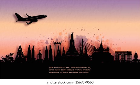 Watercolor of Bangkok, Thailand  silhouette skyline and famous landmark. vector illustration.