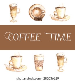 Watercolor banner with COFFEE TIME sign decorated with coffee cups including latte, Espresso, take away coffee paper cup. Ideal for cafe or restaurant. Ready template advertising. Vector illustration.