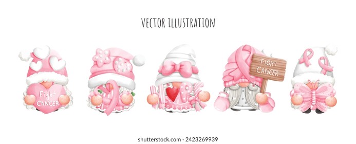 Watercolor Banner of Fight Cancer Gnome, Pink October Gnome, Vector illustration.