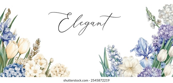 Watercolor banner with flowers png. Flowers tulips, hydrangea,hyacinth,freesia and other flowers. Elegant vintage floral composition. Vector illustration.