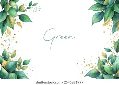 Banner aquarela com folhas verdes e douradas. Folhas verdes botânicas com elementos de aquarela de ouro. Banner com elementos de botânica aquarela. Ilustração vetorial.